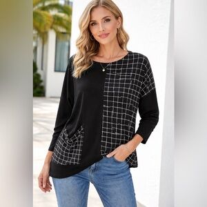 Sympli black white grid print asymmetric top slouchy Sz 10